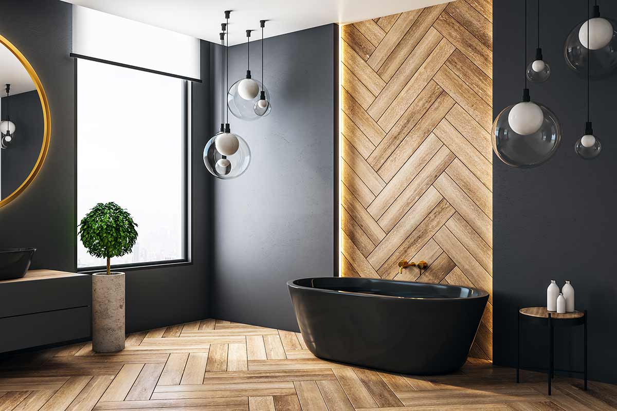 Colori neri e legno in bagno moderno.