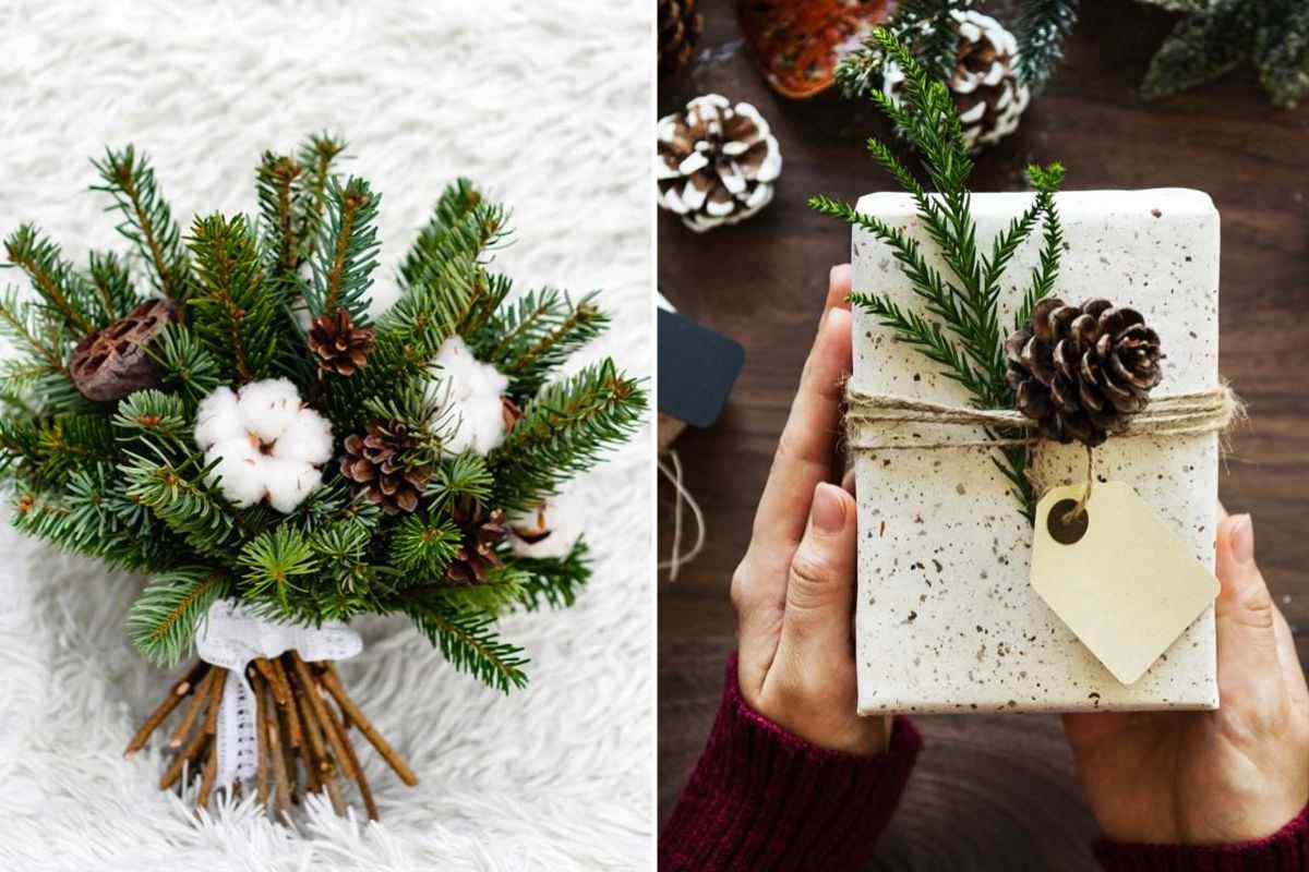 crea mazzi di rami di pino e pigne o pacchetti regalo